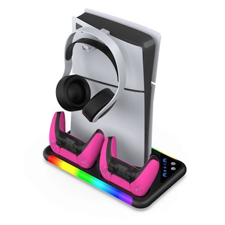 RGB Kjølestativ for PS5 & PS5 Slim, Konsoll Vertikal Display Organiser Base Brakett med Dobbel PS5 Kontrollerlader & Headsetholder