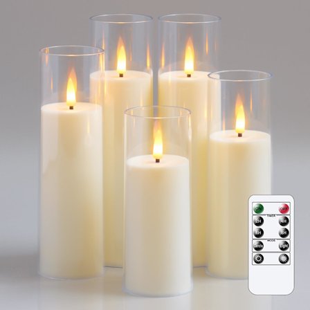 LED flammeløse flimrende lys med fjernkontroll og timer, batteridrevet, 5-delt sett, plastlys.