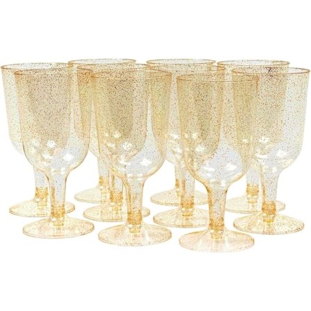 50 klare hårde plastik vinglas med guldglimmer (170 ml) - robuste, genanvendelige - fødselsdag, bryllup, jul, nytårsfest, fest
