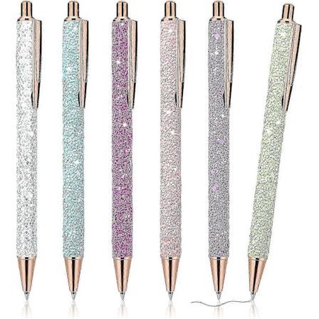 6 st Bling Glittriga Metallpennor, Infällbara Kulspetspennor Söta Glitter 1,0 mm Svart Bläck Fin Spets Present Skriva Journalföring Studenter Lärare [