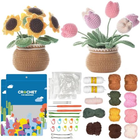 Surperfect Heklesett for Nybegynnere - 2 STK Tulip og Solsikke Blomsterpotte Komplett Hekle Strikkesett med Trinn-for-Trinn Video