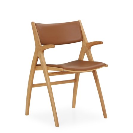 Roots Esszimmerstuhl, Armlehnen | Natur-Eiche | Cognac-Leder, skandinavisches Design, bequemer Kaltschaum-Sitz, ergonomisch geformt, Höhe 84cm.