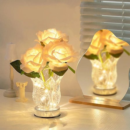Rosabordslampe, Blomsterlampe, Batteridrevet Rosabordslampe, Kunstig Blomsterlampe med Glasvase, Lille Lampe til Soveværelse Stue