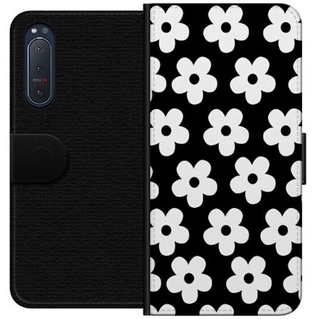 Yhteensopiva Lompakkokotelo Sony Sony Xperia 5 II Mustavalkoinen kukkakuvio minimalistisessa skandinaavisessa muotoilussa, jossa voimakas kontrasti ja
