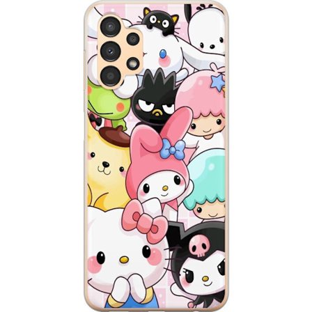 Kompatibelt Mobildeksel til Samsung Galaxy A13 Tett mønster av søte figurer med store øyne i ulike farger og uttrykk med LABUBU-tekst