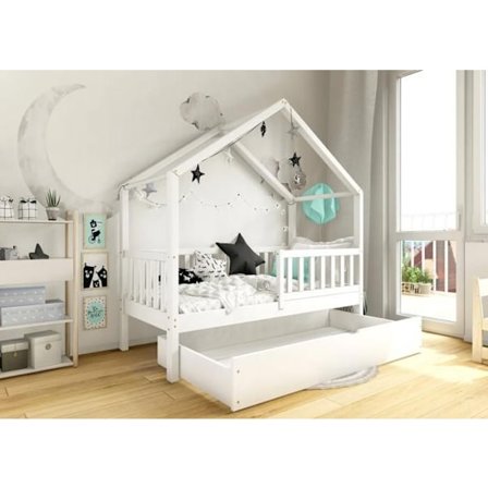 Valkoinen Montessori House sänky laatikolla, 120×200 cm