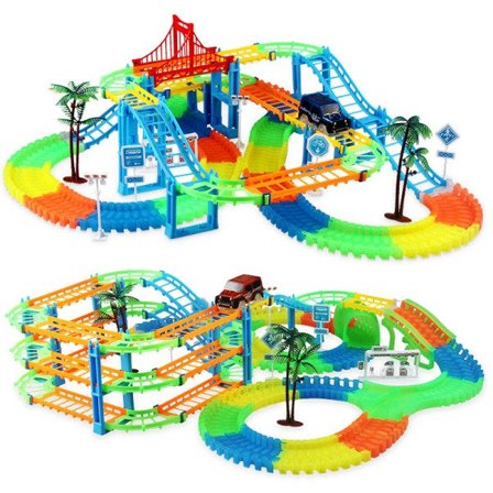 Jernbane Racing Bor Leke Set Educational DIY Bend Flexible Race Track Elektronisk Blits LED Lys Bil Leker