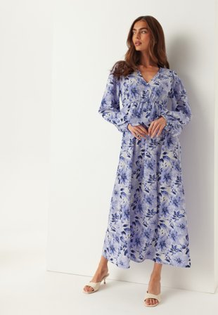 Bubbleroom - V-neck Flounce Maxi Dress - Blue/Floral - Kläder