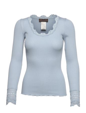 Silk T-Shirt W/ Lace T-shirts & Tops Long-sleeved Blå Rosemunde*Betinget Tilbud