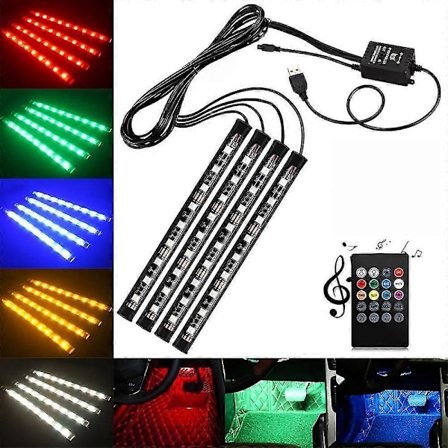 4x Dc12v 9 Led Rgb Bil Interiør Atmosfære Fodbrønds Strip Lys Usb Oplader