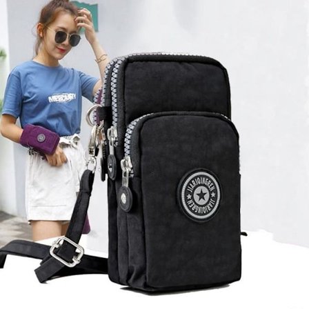 (Sort) Mini Crossbody Taske - Noname - Telefontaske - Nylon - 9x6x17 cm - Sort