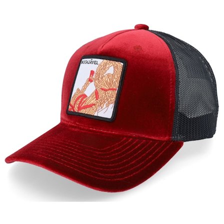 Ho-Ho-Hats - Rouge trucker Casquette - Bockjävel Velvet Red/Black A-frame Trucker @ Hatstore