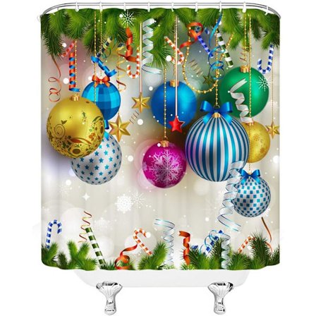 Glædelig jul bruseforhæng farverige julekugler grønne fyrretræsgren nytårsdekoration stof badeforhæng, polyester med kroge 70x70inch