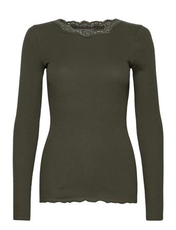 Organic T-Shirt W/ Lace T-shirts & Tops Long-sleeved Grön Rosemunde