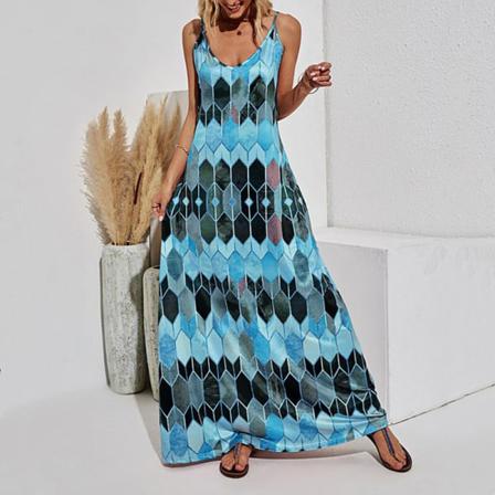 Dam V-hals Spaghetti Strap Diamond Print Sundress Maxiklänningar