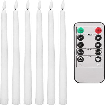 Teynewer LED-kynttilät, liekittömät, kapenevat, välkkyvät, 6 kpl 10-painikkeisella kaukosäätimellä, paristokäyttöiset, 28 cm pitkät, lämmin valkoinen-