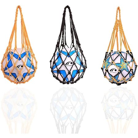 3 stk. håndvævet bærbar fodboldnetpose, basketballpose, rugbyboldpose, volleyballnetpose, egnet til strandvolleyball (sort/gul)