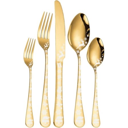 5-delt julebestikksett i rustfritt stål, sølvbestikk med jule snøflak og hjortmønster, kjøkkenutstyr, gull