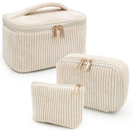 Bærbar kosmetiktaske - tre-delt blomstret toilettaske - beige