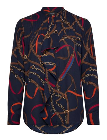 Lauren Ralph Lauren Print Ruffle-Trim Georgette Shirt - Navy - S