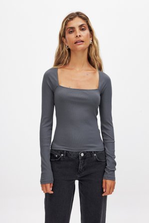 NA-KD Haut côtelé à encolure carrée - - Gris - XL (EU 46)