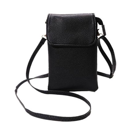 Damliten telefonveske i skinn (svart), liten crossbody-telefonveske lommebok, dame telefon skulderveske, 3-lags glidelås dame telefonveske, lommebok 