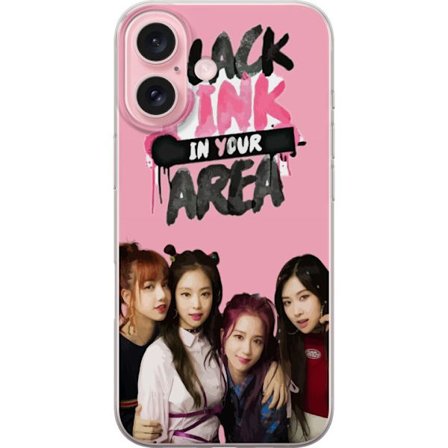 Yhteensopiva Puhelinkuori Apple iPhone 16 BLACKPINK In Your Area, jossa ryhmäkuva Lisa, Jennie, Jisoo ja Rosé vaaleanpunaisen taustan edessä, vahvasti