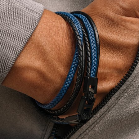Bracciale Roy in pelle nera e blu per uomini - Bracciali in pelle