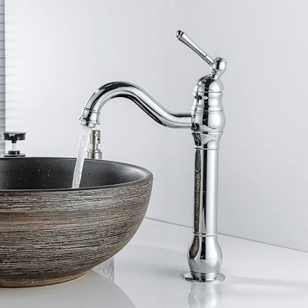 Retro 360° Drejelig Badeværelsesvask Armatur Enkelt Grebs Mixer Høj Tud Varmt og Koldt Vand Tilgængeligt Krom,