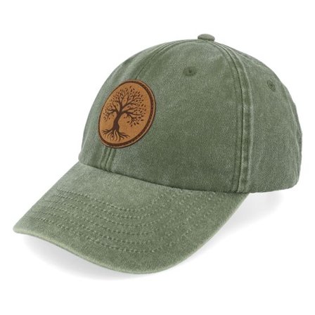 Wild Spirit - Grön unconstructed Keps - Tree Of Life Engraved Patch Olive Washed Dad Cap @ Hatstore