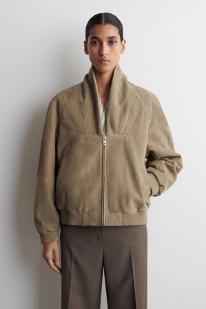 COS Women's Shawl-Collar Suede Bomber Jacket in Beige