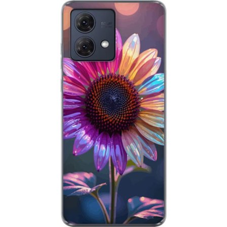 Kompatibelt Mobildeksel til Motorola Moto G84 Irideserende blomst med glitrende kronblad i rosa lilla og gull mot myk bokeh bakgrunn