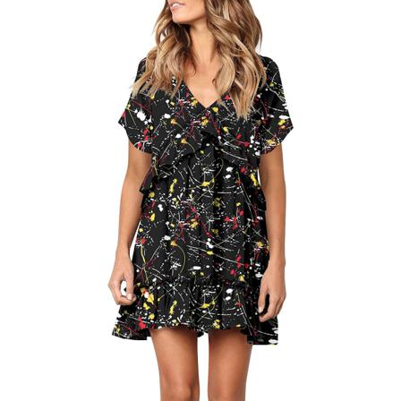 Sommarklänning Kvinnor Vintage V-ringad Snygg Print Ruffle Mini Sho