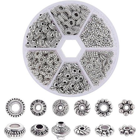 300 kpl Antiikkihopeanvärisiä välihelmiä Tiibetiläinen metalliseos putkihelmiä Kukka Litteä Rondelle Pieniä irtohelmiä