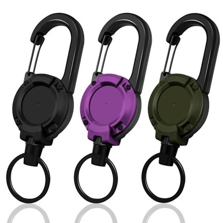 3-pak indtrækkelige nøgleringe med 65 cm stål indtrækkelig snor nøgleringe, 250 g (sort + lilla + orange)