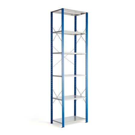 Hyllställ MIX, grundsektion, 3000x865x600 mm, blå, ljusgrå hyllplan