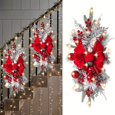 Julekrans Trappepynt, Kunstig Julekrans Forhåndsopplyst Trappepynt Tåreformet Girlander Med Lys For Hjemmedør Jul (FMY)