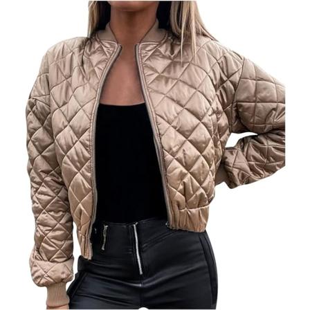 Kvinnor Quiltad Bomberjacka Enfärgad Crew Neck Zip Up Cropped Shacket Coat Vinterbaseballrock Ytterkläder apricot XL