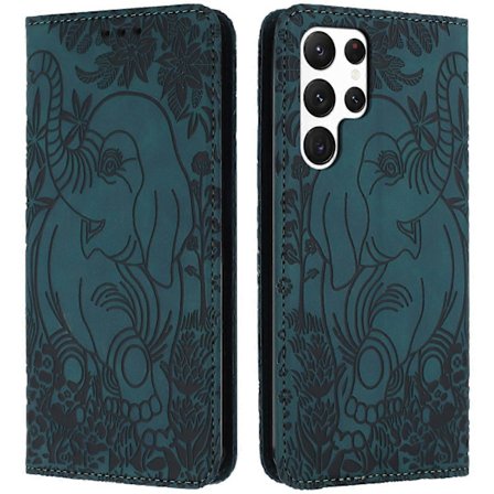 Til Samsung Galaxy S25 Ultra Case PU Læder Wallet Telefon Cover Elefant Mønster - Sort
