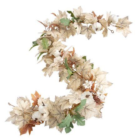 Vaahteranlehtiköynnös kodin sisustukseen, riippuva köynnös keinotekoisilla kurpitsoilla ja marjoilla, realistinen syksyn lehvistö kiitospäivän 