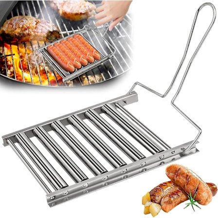 Hotdogrulle til grill, rustfrit stål pølserulle med ekstra langt håndtag, BBQ hotdoggrill til jævnt tilberedte hotdogs