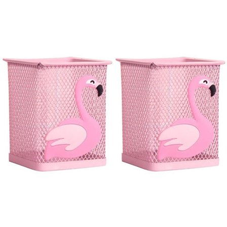 Søt metall skrivebord pennholder, firkantet, flamingo