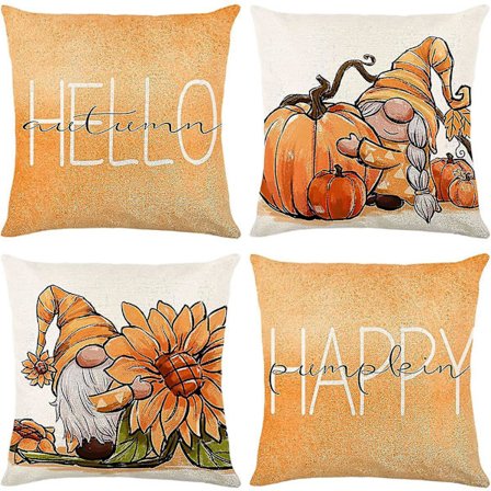 Efterårs Pudebetræk 18x18 Sæt af 4 Hej Efterår Glad Græskar Nisser Udendørs Efterårsgave