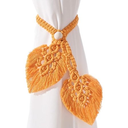 Boho-verhokiinnikkeet (keltaiset), käsin neulotut puuhelmillä varustetut verhonpidikkeet, säädettävä