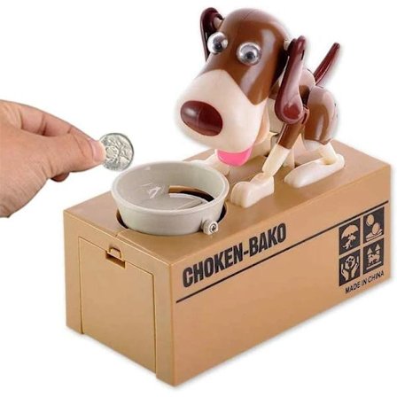 Choken Bako sparegris, møntsparegris sulten hundehvalp der spiser