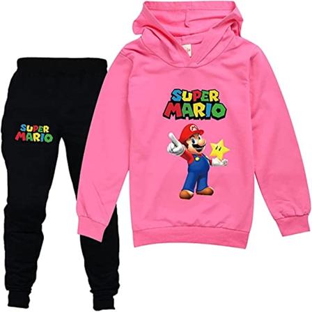 Super Mario Barn- og Guttesweatshirt med hette og bukser - Rosa Pink 150cm