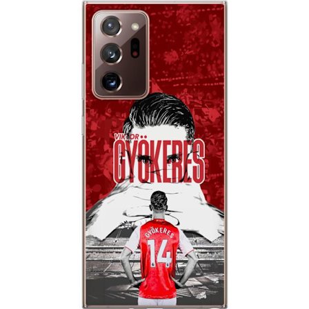 Yhteensopiva Puhelinkuori Samsung Galaxy Note20 Ultra Punainen dramaattinen kollaasikuva, jossa esiintyy Viktor Gyökeresin muotokuva ja pelaajia takaa