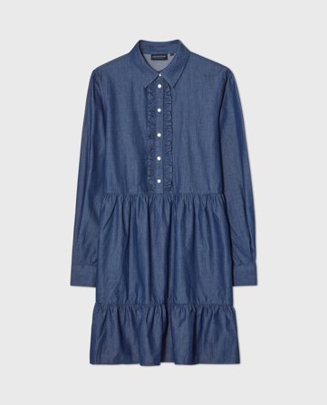 Lexington denim rüschen-tunikakleid mittelblauer denim