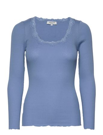 Silk T-Shirt W/ Lace T-shirts & Tops Long-sleeved Blå Rosemunde*Betinget Tilbud