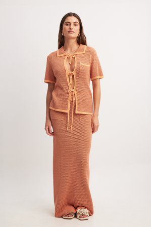 NA-KD Contrast Detail Crochet Knitted Maxi Skirt - Strikkede nederdele - Orange - XXS
